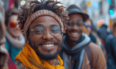 Obraz premium Diverse Friends Smiling Selfie Peace Signs Outdoors City Fun
