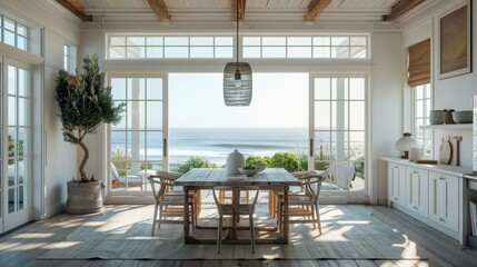 A coastal-themed dining room with nautical accents, white-washed furniture, and ocean views through French doors.