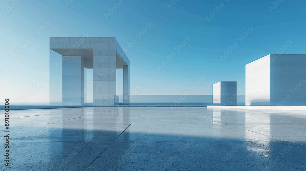Poster 3d render of minimalistic abstract concrete architecture with clear blue sky