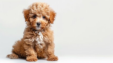 A fluffy poodle puppy with a ribbon, handdrawn, delicate and charming, isolated on white background