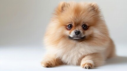 A fluffy Pomeranian in an adoption event, watercolor style, soft and cheerful, isolated on white background