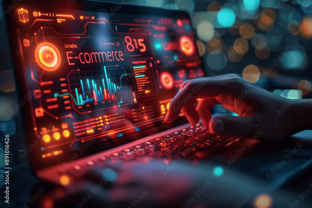 Poster businessman using laptop showing 2024 business trends dashboard with graphs metrics ai e-commerce kp