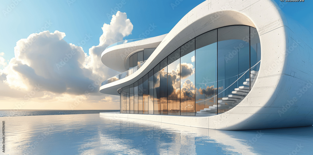 Poster ultra realistic 3d render of futuristic abstract architecture with concrete floor and blue sky