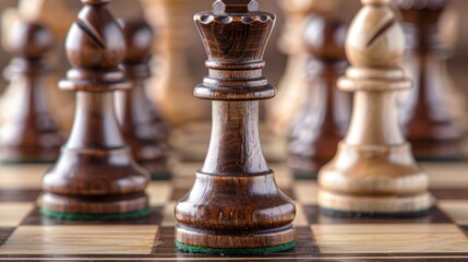 Fototapeta premium Precision alignment of chess pieces on a vintage wooden board, mid-game, showcasing strategic positioning and the beauty of the game