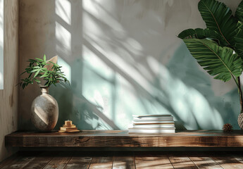 Boho Modern Interior Mockup with Wooden Table and Green Palm Leaf Wall