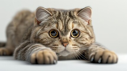 A Scottish Fold cat having its nails clipped, 3D illustration, realistic and cozy, isolated on white background