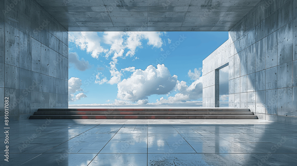 Poster 3d render of minimalist modern architecture with empty concrete floor and blue sky, ideal for produc