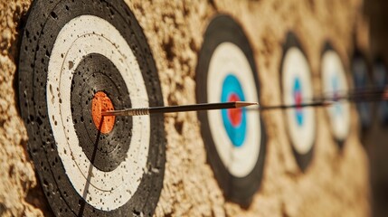 Targets lined up in a historical site, arrows hitting the center, blending past and present