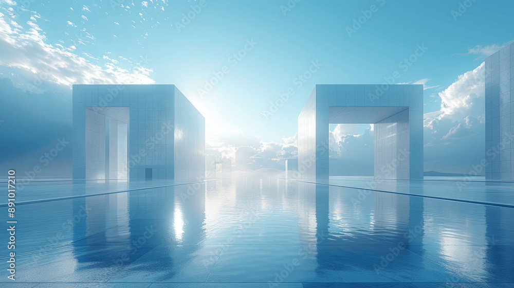 Poster minimalist 3d render of futuristic glass architecture with concrete floor and reflections
