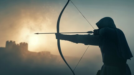 Traditional archer in medieval garb, bow drawn taut, arrow aimed at a distant target, misty castle ruins in the background, dramatic lighting