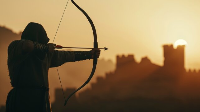Traditional archer in medieval garb, bow drawn taut, arrow aimed at a distant target, misty castle ruins in the background, dramatic lighting - Powered by Adobe