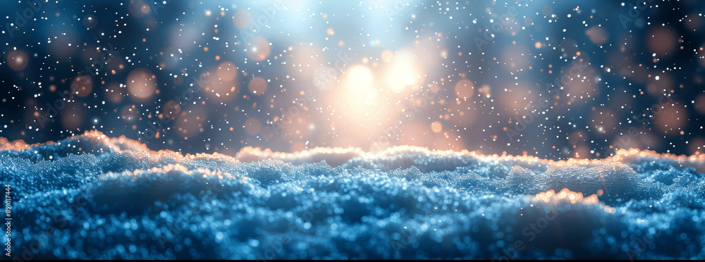 Poster ultrawide winter background with snowfall over snowdrifts and bokeh lights