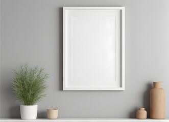 white frame mockup on a shelf with a plant and vases.