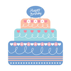 Birthday cake. Cartoon cake. Vector cake. Happy Birthday cake. Flowers decorated cake. Birthday card. 