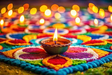 Vibrant lit diya lamp on a colorful rangoli patterned floor at night, surrounded by festive decorations, celebrating the joyous Hindu festival of lights, Happy Diwali.