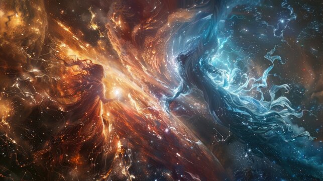 Ethereal entities of cosmic serenity and astral fury locked in an eternal struggle amidst the ever-expanding tapestry of the universe's fabric.