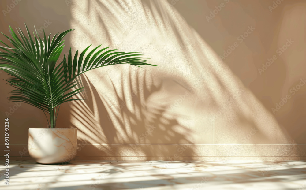 Poster minimalist abstract beige background with palm leaf shadow on marble table in sunlight for product p