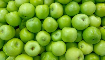 Various ripe green apples fill background, sale, promotion, wallpaper.