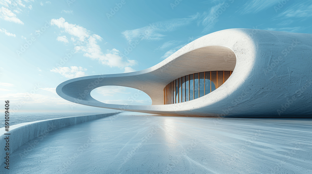Poster 3d render of modern minimalistic architecture with curved concrete floor and blue sky