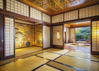 Fototapeta premium Luxurious traditional Japanese room with gold-leaf style painted walls, intricately patterned tatami mats, and ornate sliding doors, evoking a sense of refined elegance.