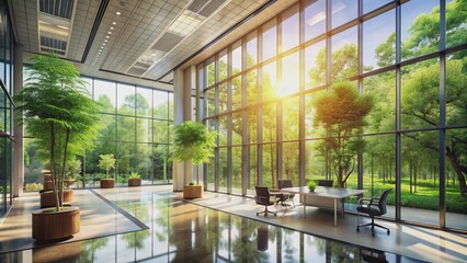 Bright natural light pours through floor-to-ceiling windows, illuminating a modern office building's interior, featuring lush green trees and sleek architecture, empty of human presence.