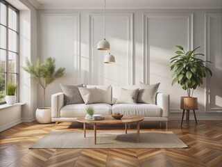Elegant white sofa sits on wooden parquet flooring in a minimalist Scandinavian-inspired modern living room, surrounded by natural light and sleek decor accents.