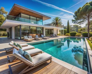 Fototapeta premium Serene luxurious summer retreat featuring a crystal-clear blue pool surrounded by sleek modern design and plush lounge chairs in a tranquil outdoor setting.