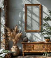 Modern Coastal Bedroom Interior with Wooden Frame and Tropical Plant