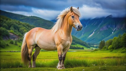 Majestic fjord horse with a shiny brown coat and muscular build stands proudly in a lush green meadow, showcasing its strength and elegant features.