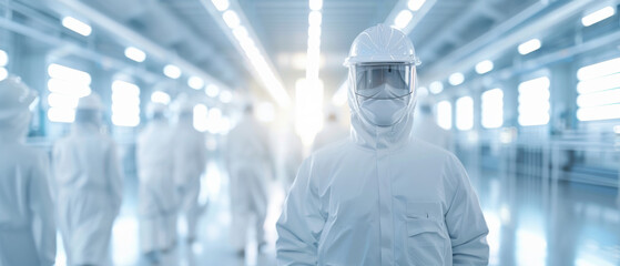 A person in a white suit stands in front of a group of people in white suits