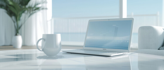A white laptop is on a table next to a white coffee cup