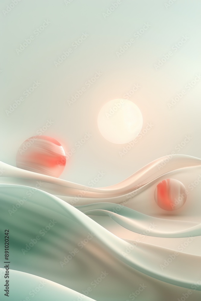 Poster a colorful space scene with many different colored balls floating around. scene is playful and whims