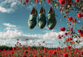a pair of green shoes hanging from the branches of a tree the shoes are tethered by laces.