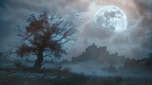 Graveyard cemetery to castle In Spooky scary dark Night full moon and bats on dead tree, 4k animation video looping