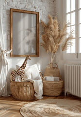 Cozy Nursery Room Interior with Wooden Frame Mock Up on Wall and Woven Basket of Toys