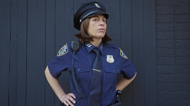 Mature policewoman in uniform smiling while positioned against a textured blue wall, representing authority and security.