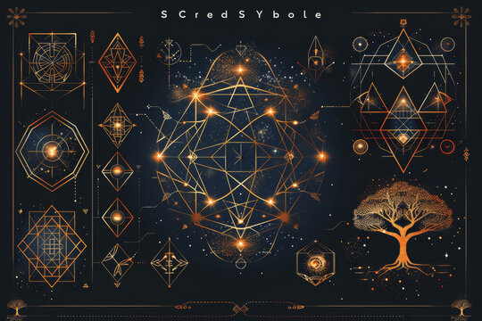Sacred Geometry Symbols Collection: Flower of Life, Metatron's Cube, Tree of Life, Vesica Piscis, Merkaba, Vector Equilibrium, Tesseract, Yoga and Spiritual Design Elements