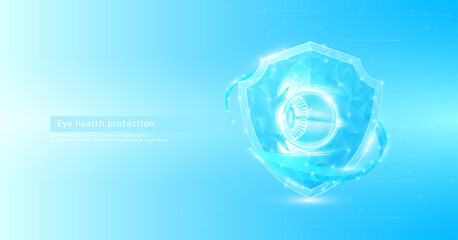 Eye human organ anatomy style polygonal in shield glowing surrounded by blue arrows. Medical science protection symbol. Health care concept. Banner vector EPS10.