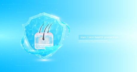 Fototapeta premium Hair skin style polygonal in shield glowing surrounded by blue arrows. Medical science protection symbol. Health care concept. Banner vector EPS10.
