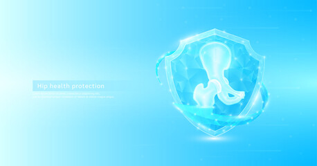 Obraz premium Hip joint bone style polygonal in shield glowing surrounded by blue arrows. Medical science protection symbol. Health care concept. Banner vector EPS10.