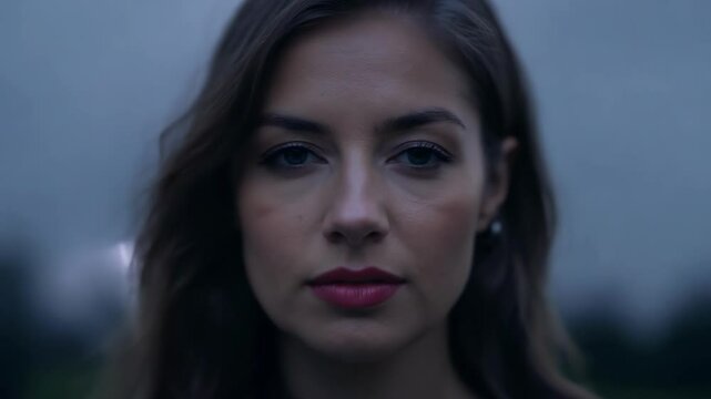 The faint glow of lightning in the background creates a dreamy and ethereal atmosphere perfectly framing a closeup of a womans stunning face.