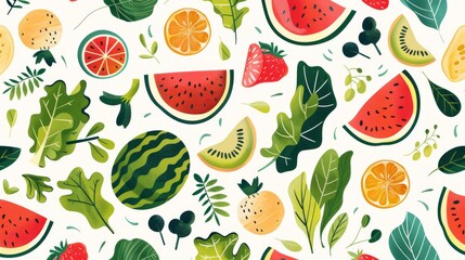 Flat design of fruits and vegetables, including watermelon and leafy greens, in a seamless, decorative pattern