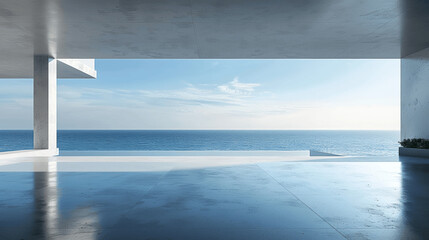 3d render of abstract modern architecture with empty concrete floor and wall, car presentation, sea view background