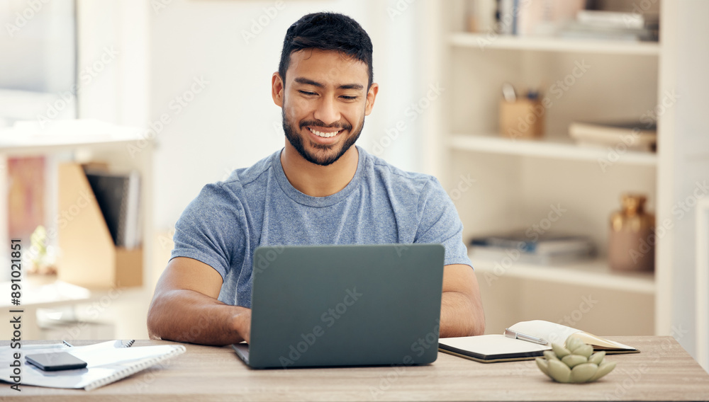 Aufkleber smile, typing and man with laptop, online and virtual assistant in home office and notebook. digital