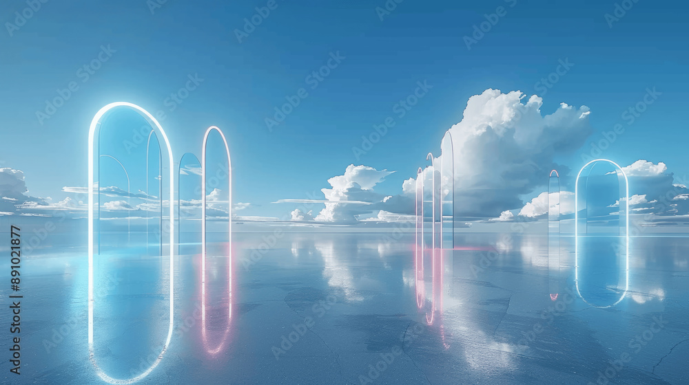Poster 3d render of minimalist glass bar graph with clear sky background and ground reflection