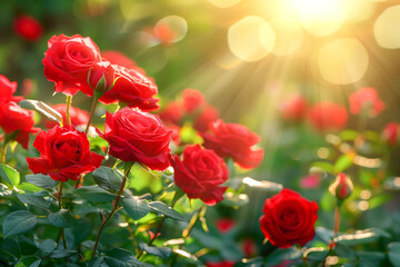 Obraz premium A field of red roses with the sun shining on them. The sun is casting a warm glow on the flowers, making them look even more beautiful. The scene is peaceful and serene