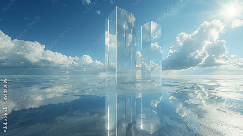 Poster 3d render of minimalist futuristic glass architecture with empty concrete floor and clear sky backgr