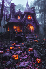 halloween haunted house with pumpkins and glowing eyes in spooky woods, purple and black theme