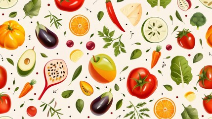 Obraz premium Healthy diet pattern featuring an assortment of vegetables, fruits, and herbs in a seamless, artistic design