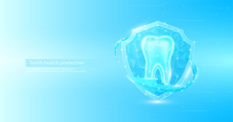 Teeth human organ anatomy style polygonal in shield glowing surrounded by blue arrows. Medical science protection symbol. Health care concept. Banner vector EPS10.